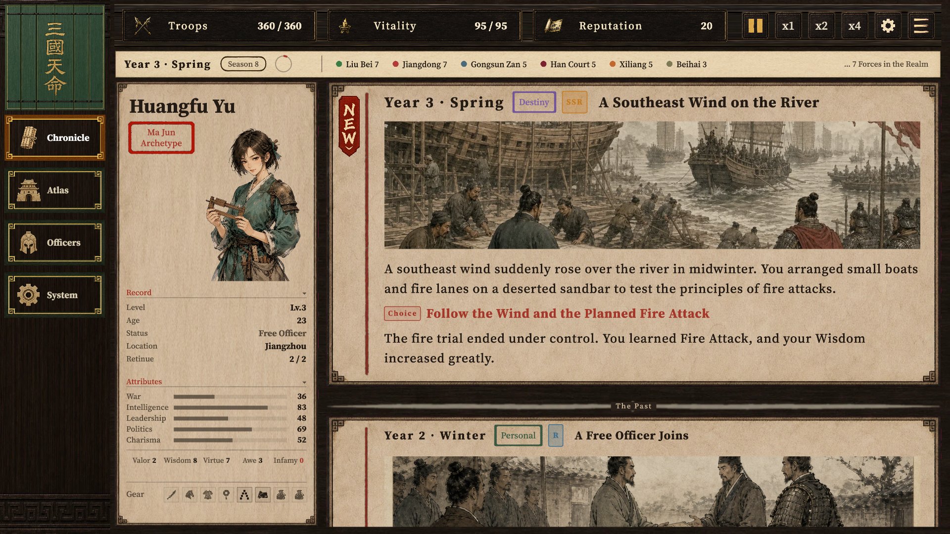 The Chronicle: an original officer's attributes and troops beside an illustrated Destiny event, A Southeast Wind on the River